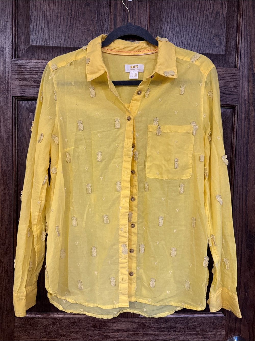 Maeve Anthropologie Yellow Pineapple Embroidered Button-Down Shirt Size 14